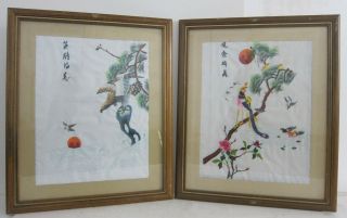 Chinese Birds & Flowers Mid Century Vtg Pair Embroidered Silk Panel Framed 19x24