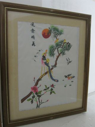 Chinese Birds & Flowers Mid Century VTG Pair Embroidered Silk Panel Framed 19x24 2