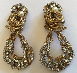 Vintage Miriam Haskell Signed Baroque Pearl & Rhinestone Earrings M8