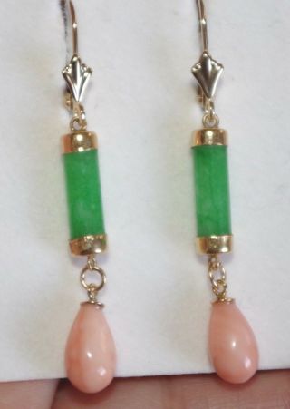 Antique 14k Hand Made Green Jadeite & Blush Coral Tear Drop Lever Back Earrings