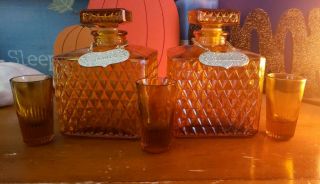 Vintage Amber Glass Bourbon & Scotch Decanter Set & 3 Glasses