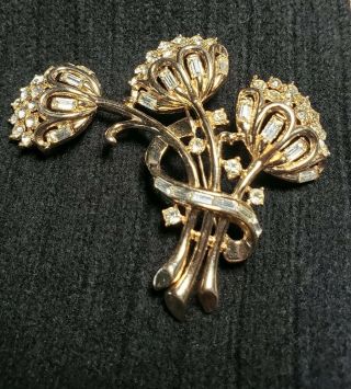 Vintage Brooch Pin Crown Trifari Signed Clear Rhinestone Gold Tone Jewelry