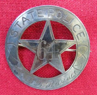 Fine & Rare Silver 1865 Hand Engraved Texas Star In A Circle State Police Badge