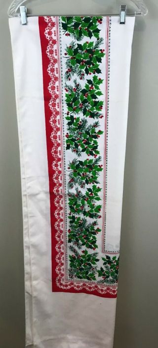 Vintage Christmas Tablecloth Holly Berries 62 " X 96 " Some Stains