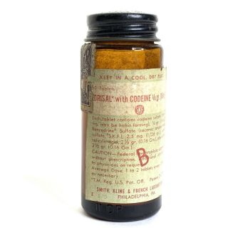 Antique Medicine Bottle Codeine Smith Kline & French Laboratories 3”x1.  25”