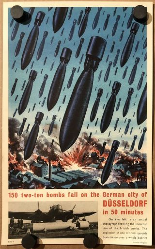 Vintage Wwii Poster 150 Bombs Fall On Dusseldorf British World War