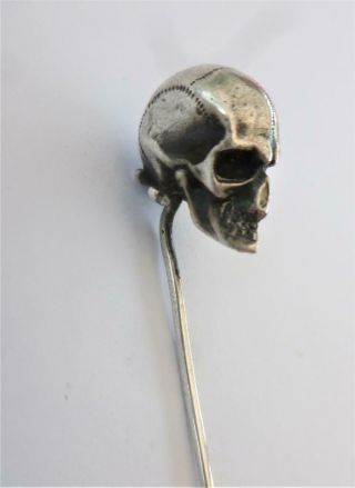 Antique Victorian Heavy Silver Memento Mori Skull Stock / Tie Stick Pin C1860 