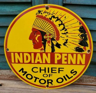 Vintage 1937 Indian Penn Chief Motor Oil Porcelain Enamel Gas Station Pump Sign