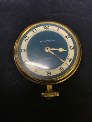 Vintage Waltham 8 Days Car Clock Watch Gold Tone Blue White Face