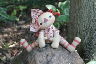 Vintage Hand - Made Primitive Raggedy Ann Button Eye Rag Doll Flower Outfit & Bow