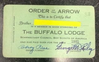 1931 Order Of The Arrow Buffalo Lodge Membership Card.  Signed By Robroy Price