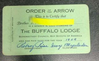 1929 Order Of The Arrow Buffalo Lodge Membership Card.  Signed By Robroy Price.