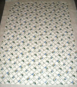 Vtg White Blue Yellow Floral Vinyl Tablecloth W/flannel Back 51 X 69 Rectangular