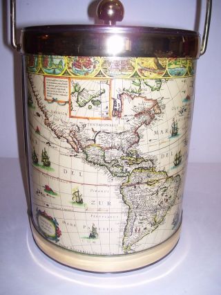 Vintage Ice Bucket Old World Map Faux Leather Mid Century Barware Bar Mancave 3