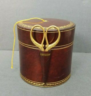 Italian Leather String Holder Box And Scissors Italy Vintage Gilt Desk Accessory