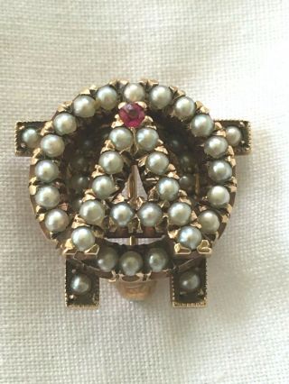Vintage 10k Alpha Omicron Pi Sorority Pin Pearls And Ruby