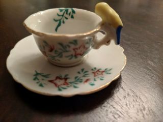 Vintage Miniature Tea Cup And Saucer Japan Bird Handle