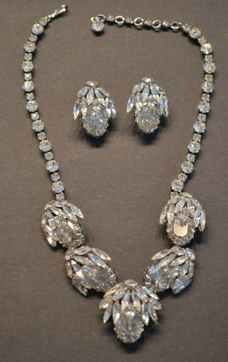 Vintage Signed Stunning Sherman Rhinestone Necklace And Earrings Set