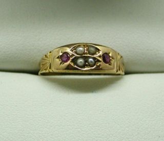 1889 Victorian 15 Carat Gold Pearl And Ruby Ring Size M