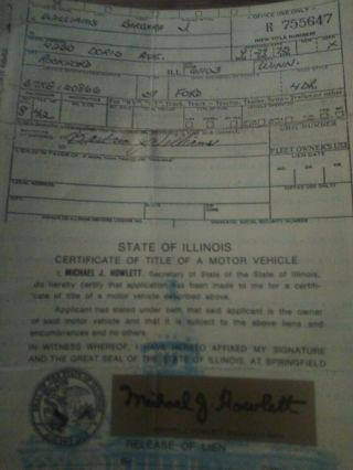 Vtg Car Title Illinois 1957 Ford 4 Dr Historical Document