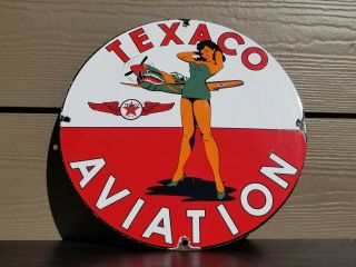 Vintage Texaco Gasoline Porcelain Pin Up Military Girl Service Station Pump Sign
