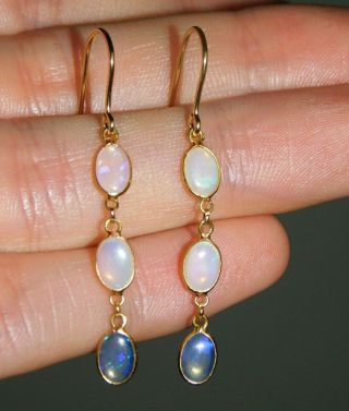 Fine,  Antique,  Victorian 9ct Gold,  Natural Fire Opal Long Hook Drop Earrings