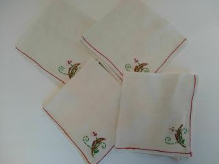 4 Vintage Hand Embroidered Napkins Christmas Holly Hand Made Cloth Linen Red
