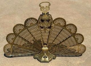 Vintage Mid Century Brass Neo Classical Peacock Fireplace Fan Folding Screen