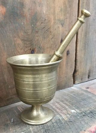 Antique Turned Brass Mortar & Pestle 19th C Apothecary Physicians Tool