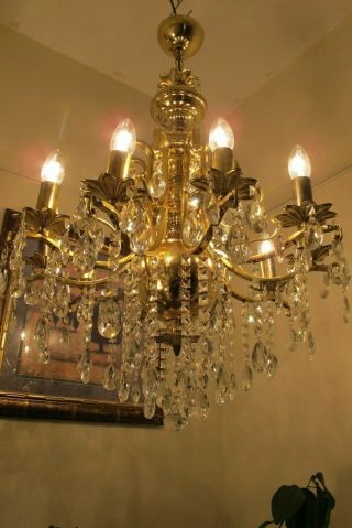 Antique Vintage French 10 Arms Crystal Chandelier Lamp Light Luster 1960 