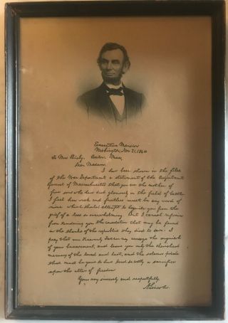 Antique Abraham Lincoln Bixby Letter Nov.  21 1864 M.  F.  Tobin Framed