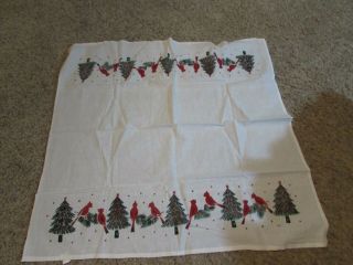Antique Vintage Table Cloth About 31 " Square Cardinals & Christmas Trees