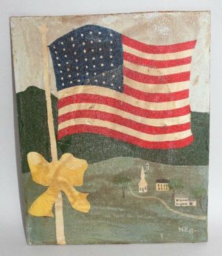 Vintage Folk Art Painting On Board American Flag