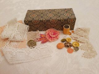 Vintage Japanese Silk Covered Box W/vintage Lace,  Buttons,  Stick Pin & More