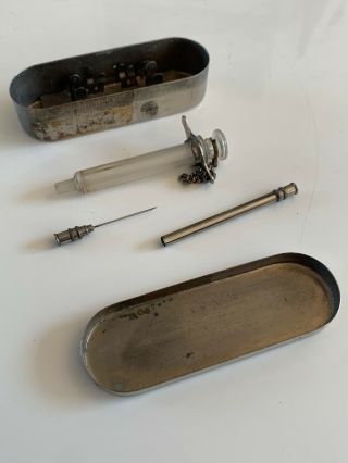Vintage Metal & Glass Portable Syringe In Metal Case