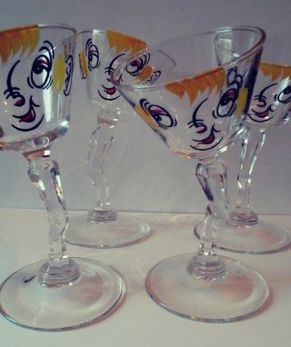 Set Of 4 Tipsy Bent Martini Glasses W/ Painted Faces Vintage Midcentury Gay Fad
