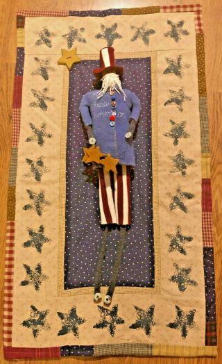 Primitive Folk Art Americana Patriotic Uncle Sam Quilt W Doll,  July 4th