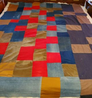 Vintage Patchwork Quilt Top 68 " X 86 " Denim Corduroy Blue Red Brown Twin
