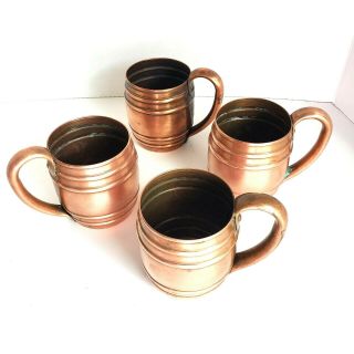 Set 4 Vintage Solid Copper Barrel Mugs Cavalier National Silver Moscow Mule 16oz