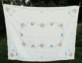 Vintage Hand Embroidered Kitchen Cotton Tablecloth 64 X 50 Aster Flowers W/ Blue