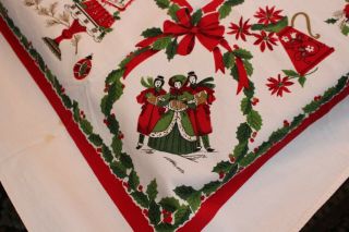 Vintage Cotton Christmas Tablecloth 46x50 Carolers Holly Bows,
