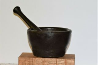 Antique Black Iron Mortar & Pestle,  Marked,  " Ef " On Both The Mortar And Pestle