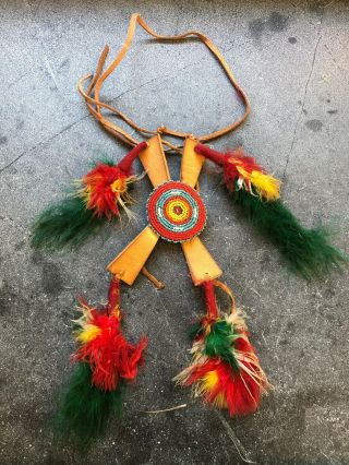 Vintage Native American Beaded Necklace With Feathers From The Ed Vebell Estate