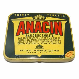 Vintage Anacin Analgesic Tablets Advertising Tin Aspirin Pocket Pill Box