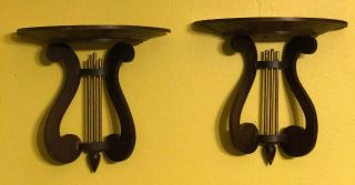 Antique Pair Victorian Solid Wood & Brass Harp Scroll Wall Shelves 8.  5”