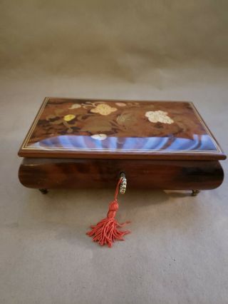Vintage Italy Inlaid Wood Footed Music Jewelry Box w/Key 2