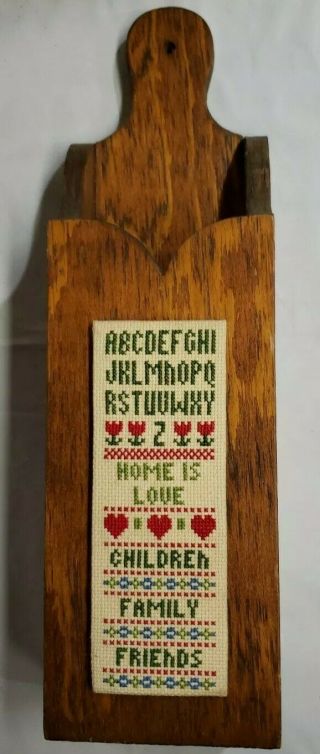 Vintage Primitive Folk Art Wood Wall Pocket Match Matches Box Holder 419