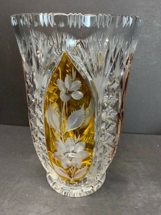 Vtg 19th C.  Huge Czech Bohemian 10 " Amber Cut To Clear Glass Vase 4 Lbs