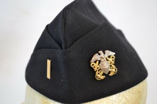 Wwii Us Navy Officer Black Dress Garrison Cap With Hat Insignia Ww2 Usn