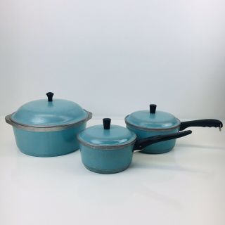 6 Set Vintage Club Aluminum Pots Pans Turquoise Blue 1.  5 2 Qt Dutch Oven Lids